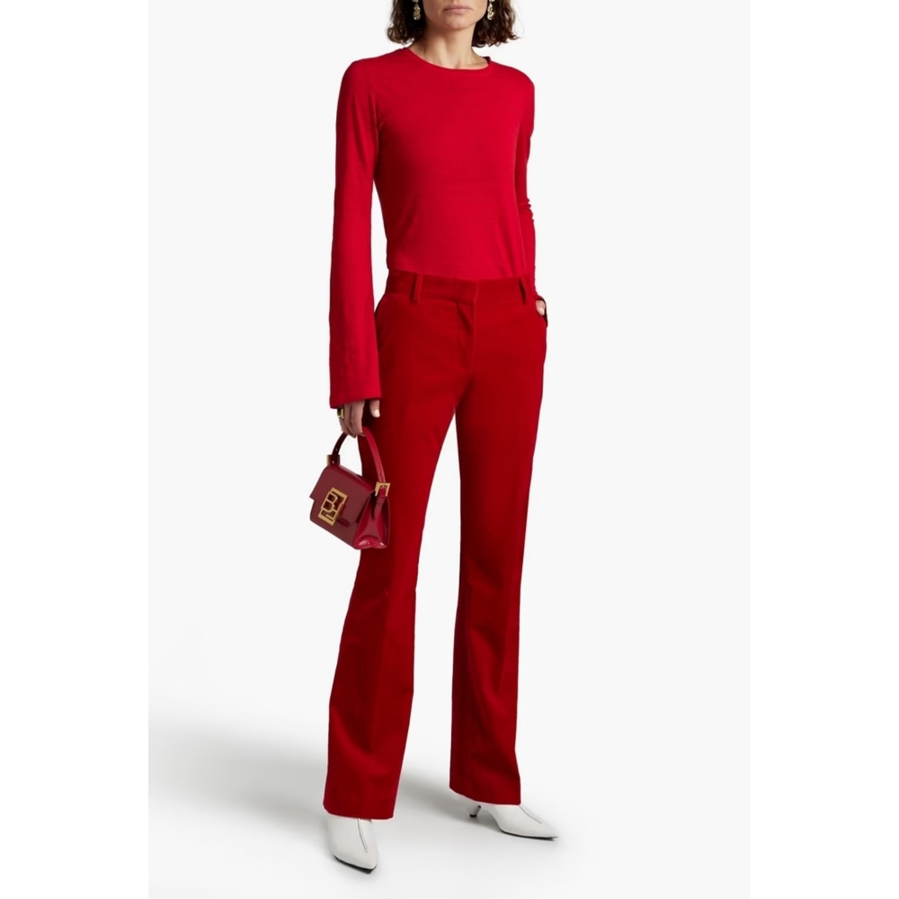 FRAME | Velvet Mini Bootcut Trousers in Garnet Red Size 14